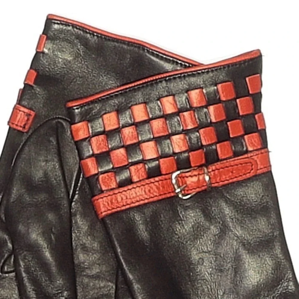 Solo Black Leather Gloves Red Woven Checkerboard Buckle Trim Chic Sz 8 Goth Moto